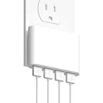 Low Profile Four-Port USB Mains Charger, Compact Multi-Device Power Plug With Dedicated High-Speed Charging Port