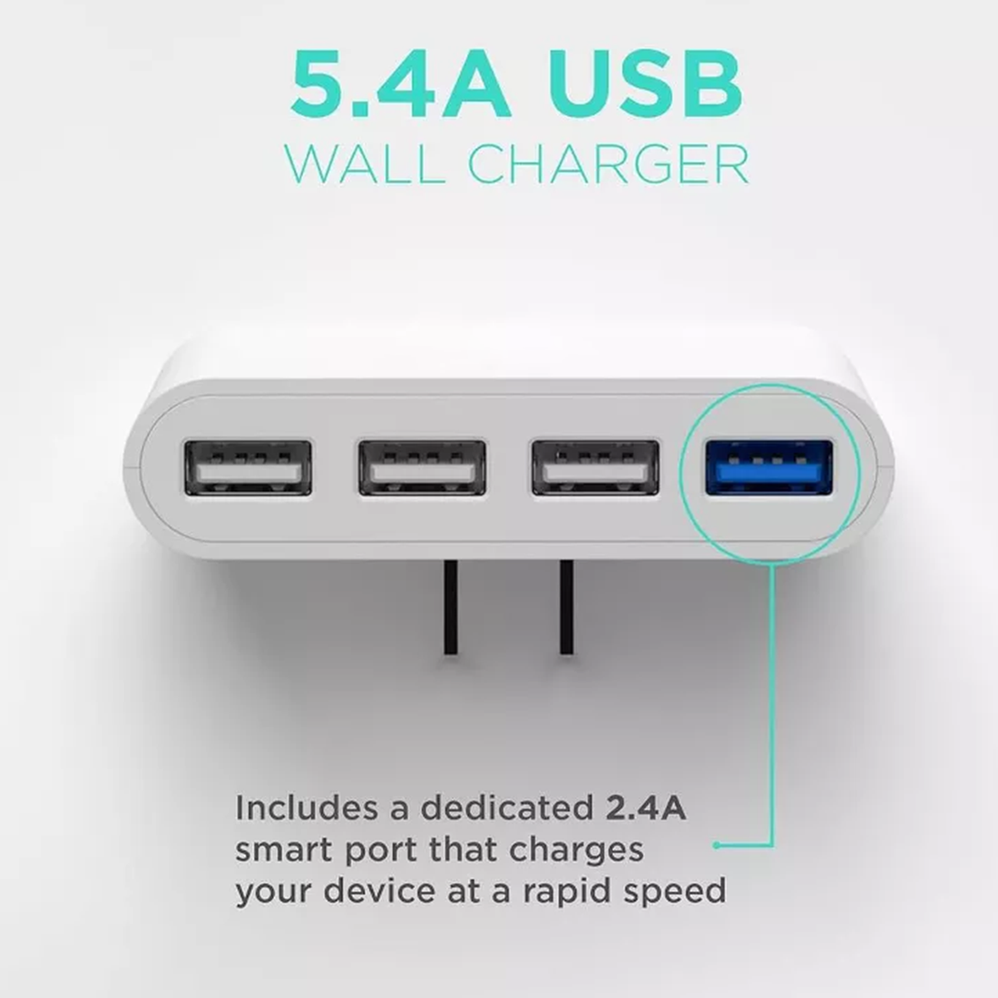 Low Profile Four-Port USB Mains Charger, Compact Multi-Device Power Plug With Dedicated High-Speed Charging Port