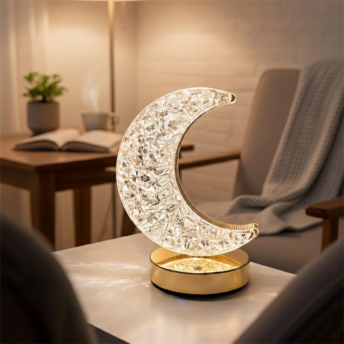 Crescent Shaped Prismatic Ambient Lamp, Warm Glow LED Desktop Night Light With Faceted Surface For Aesthetic Interior Styling